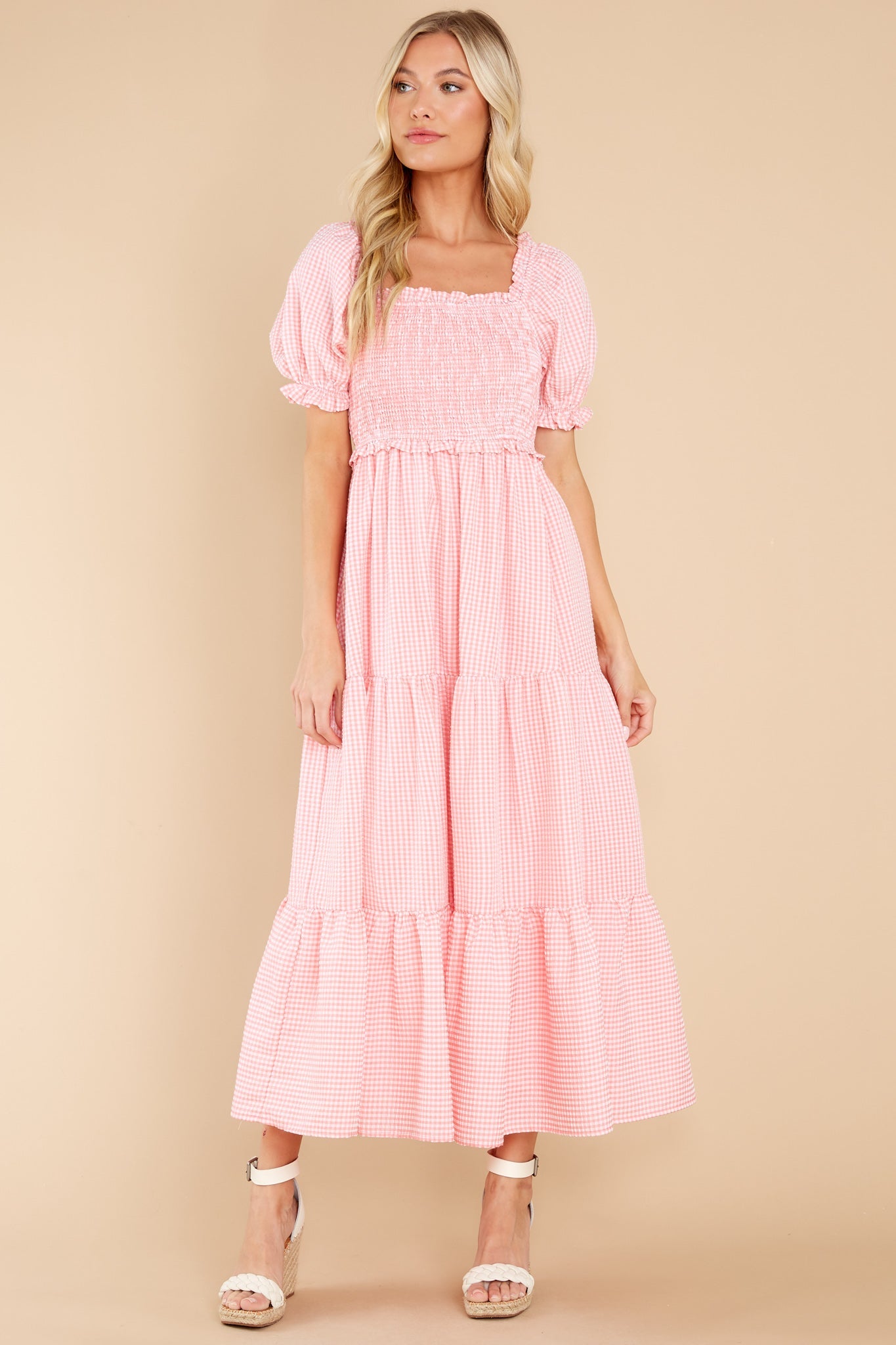 Acts Of Kindness Coral Pink Gingham Midi Dress