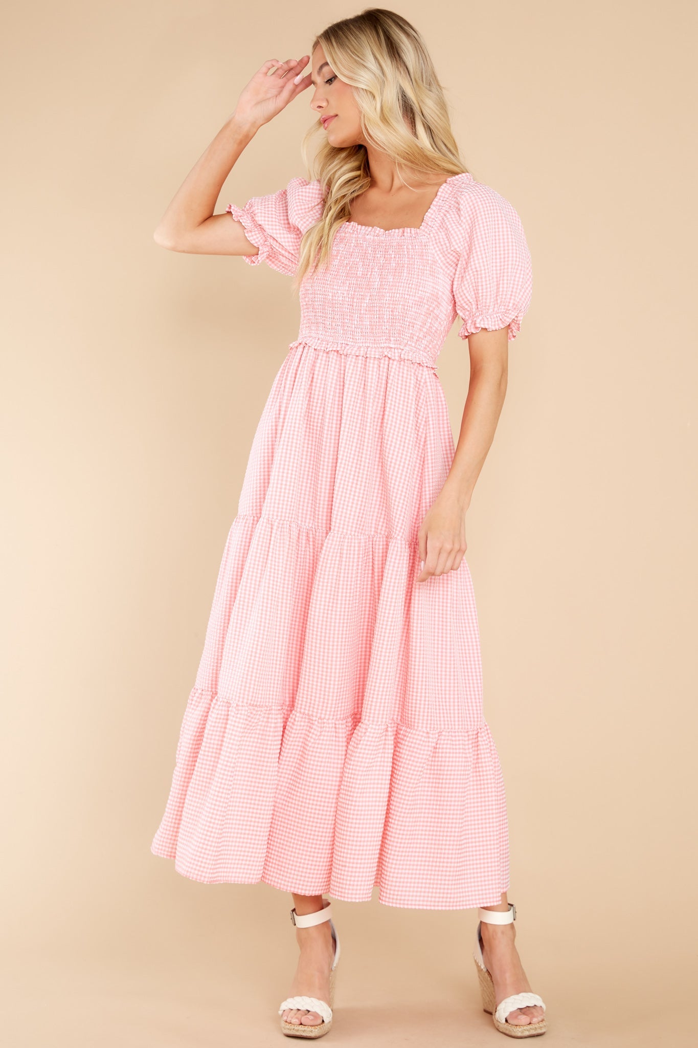 Acts Of Kindness Coral Pink Gingham Midi Dress