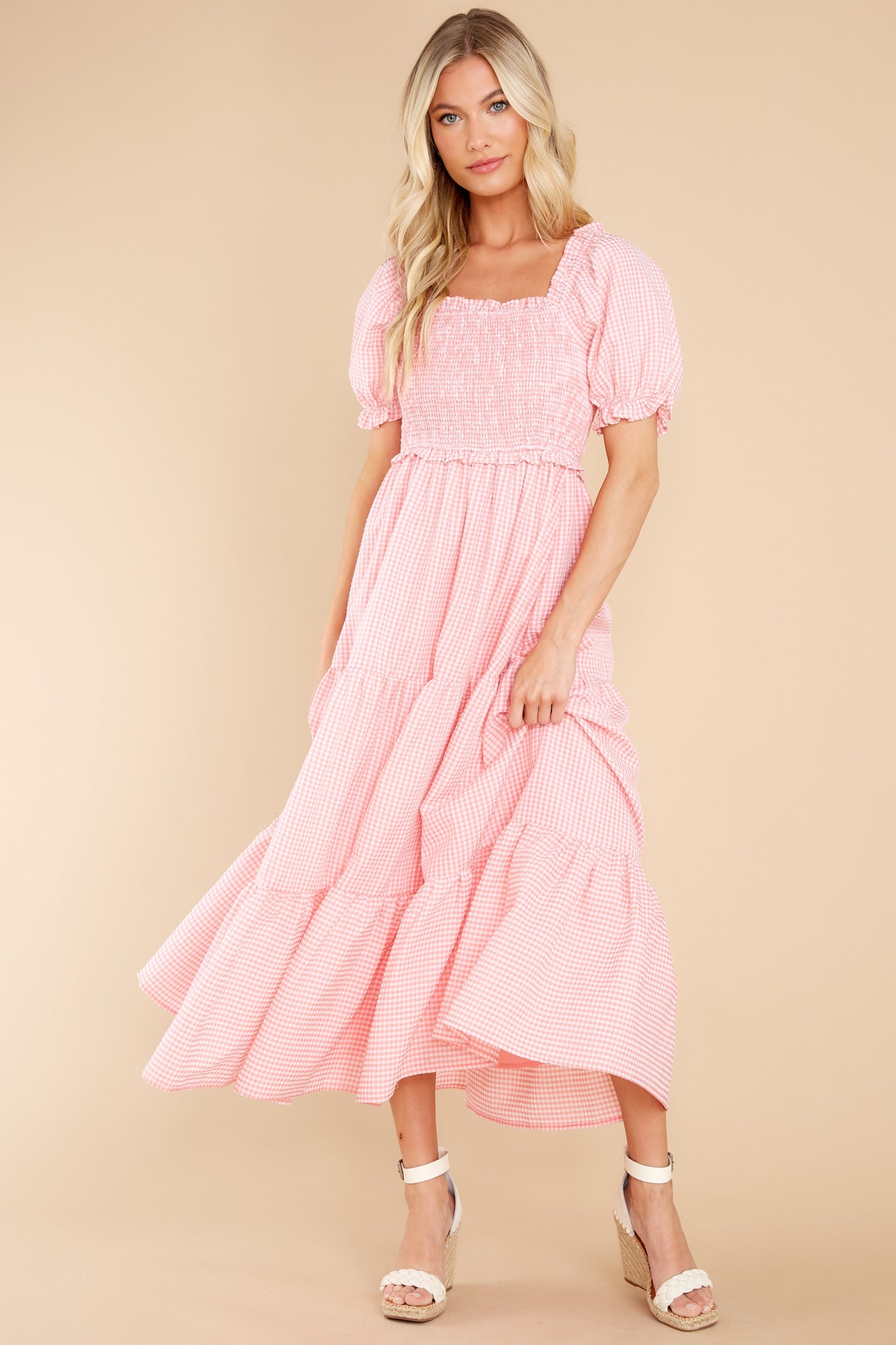 Acts Of Kindness Coral Pink Gingham Midi Dress