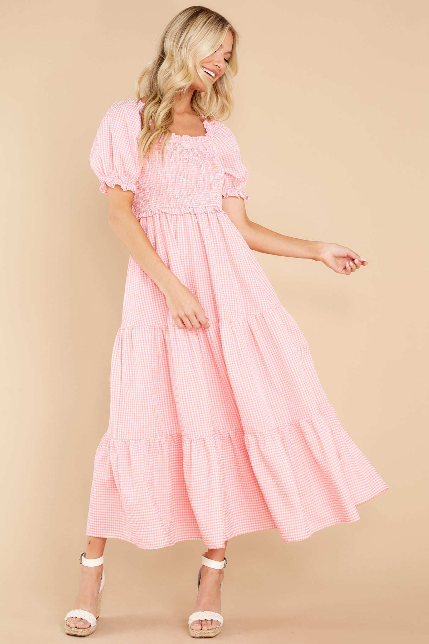 Acts Of Kindness Coral Pink Gingham Midi Dress