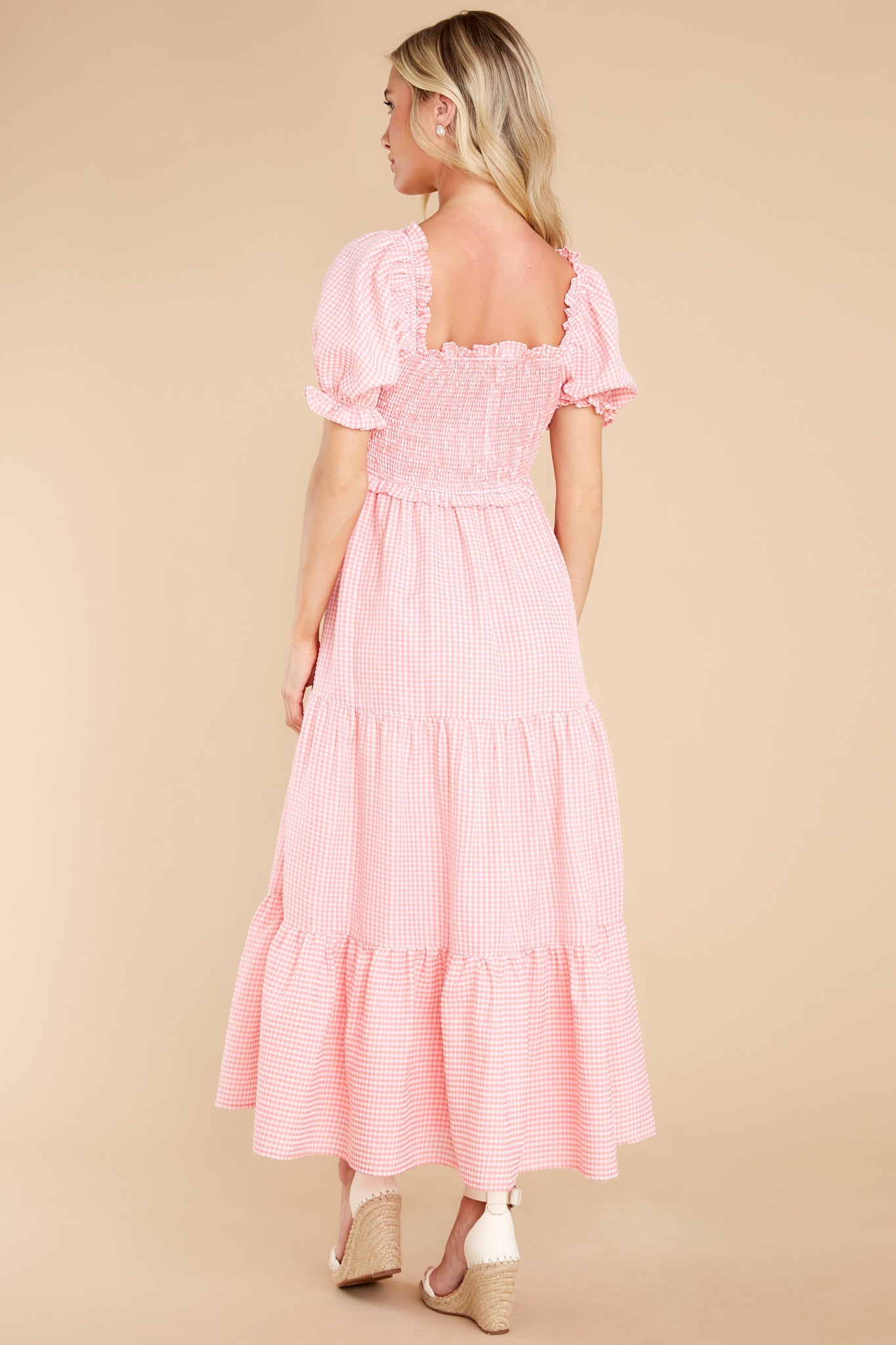 Acts Of Kindness Coral Pink Gingham Midi Dress