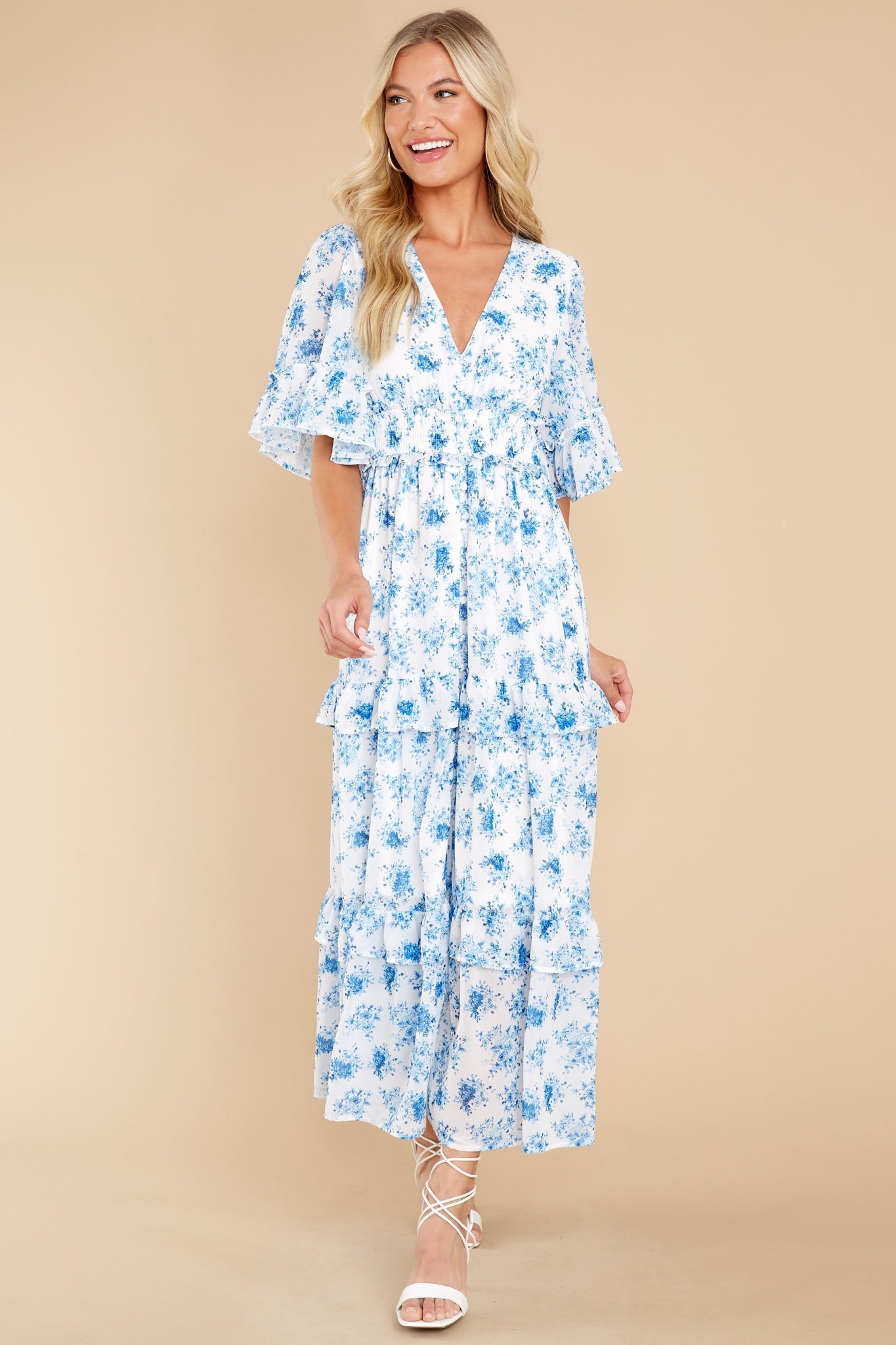 Bright Mornings White And Blue Floral Print Maxi Dress