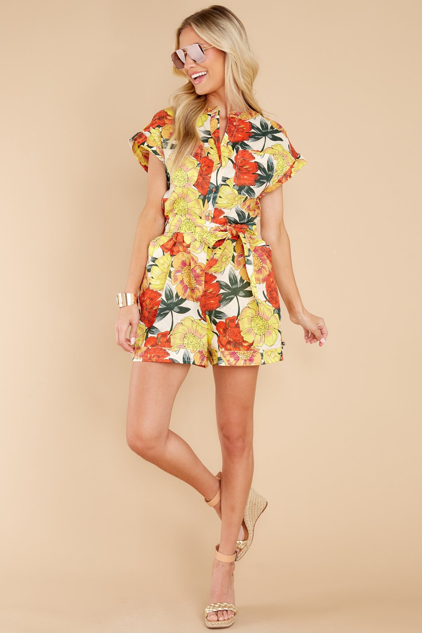 Tanning In The Tropics Yellow Multi Floral Print Romper