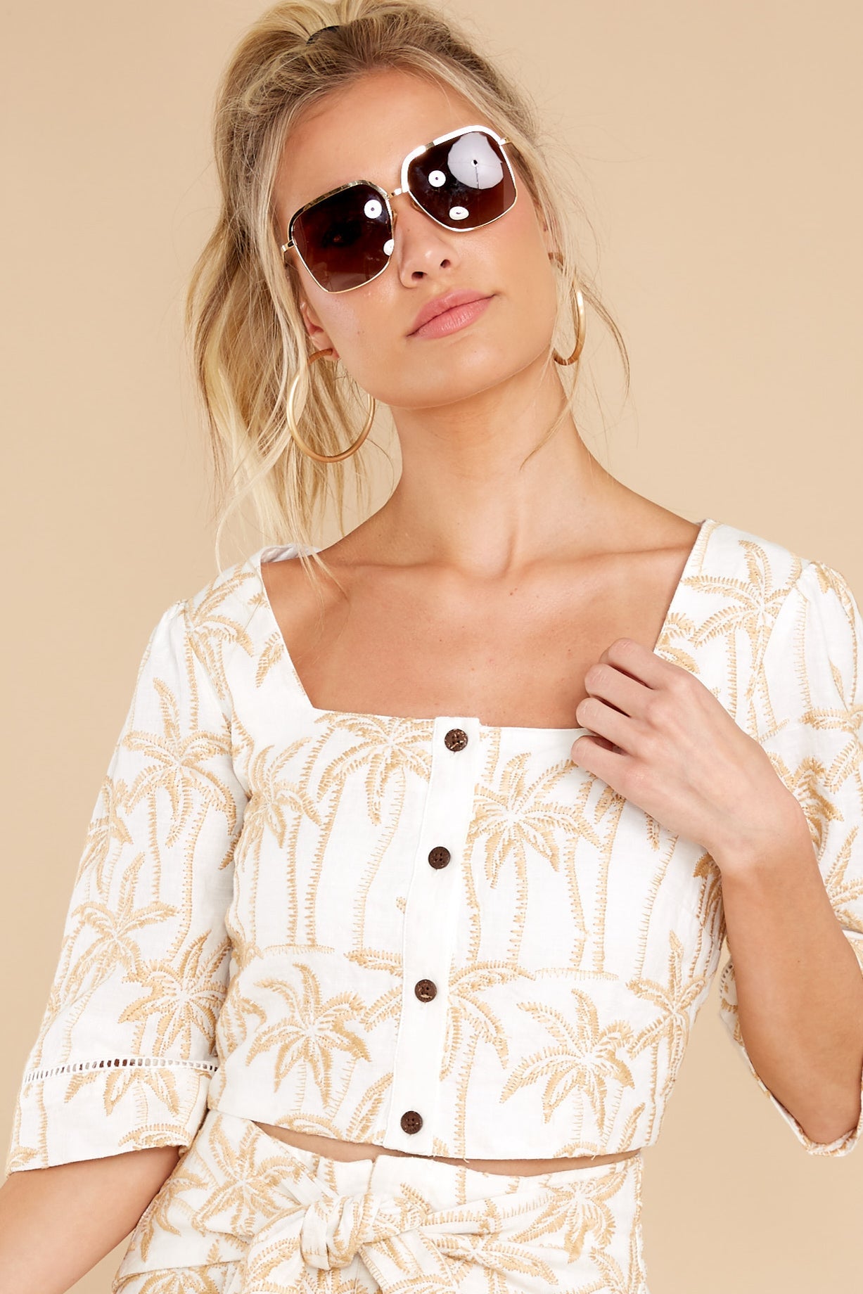 Palm Tree Paradise Ivory Embroidered Crop Top