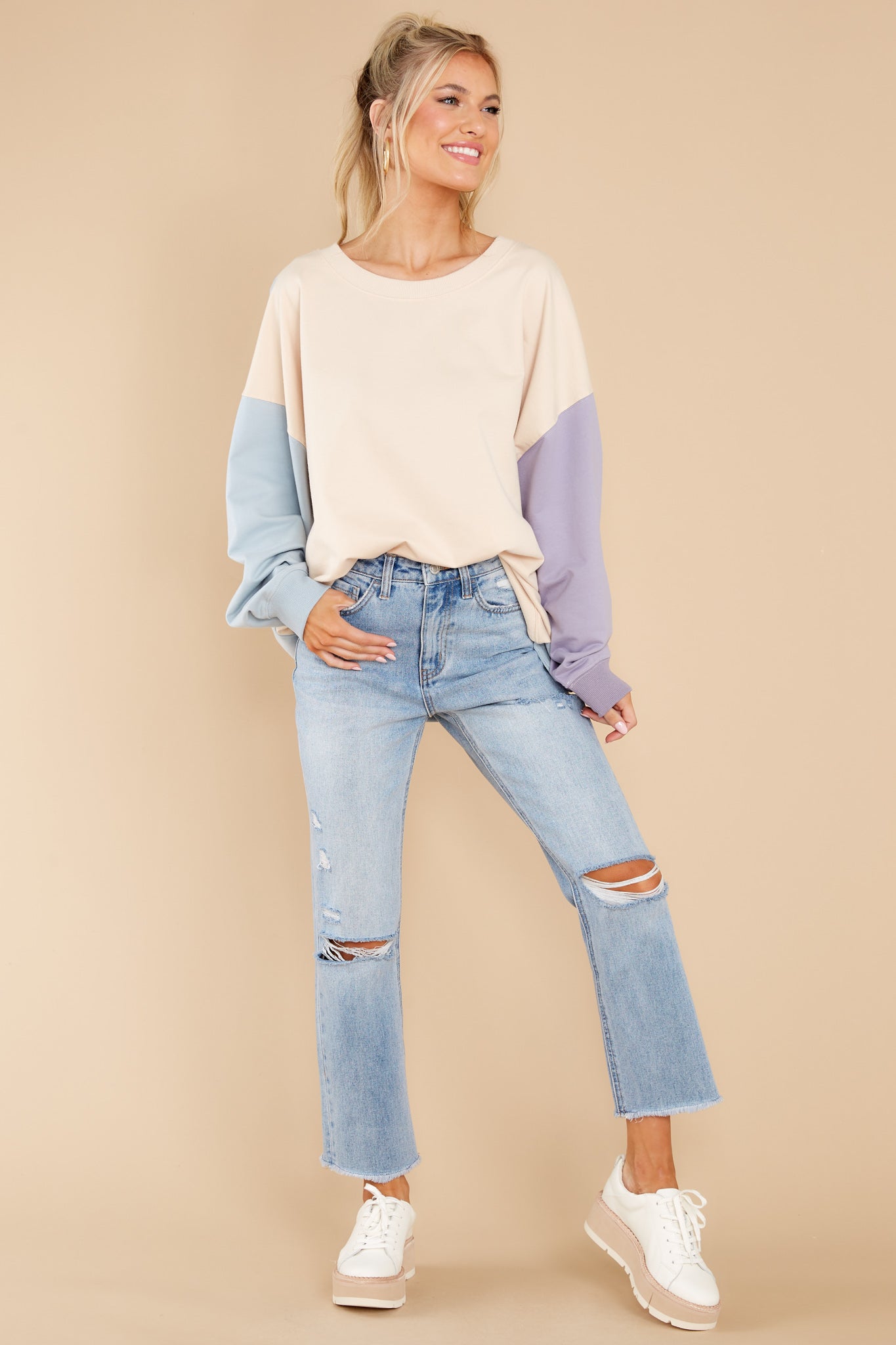 Energized Feeling Taupe Colorblock Sweatshirt