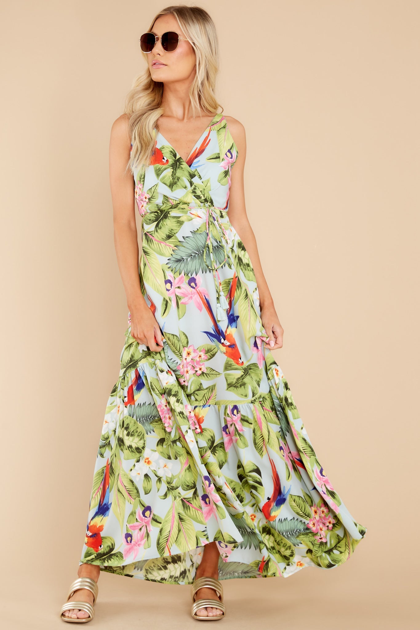 Exotic Getaway Sage Multi Tropical Print Maxi Dress