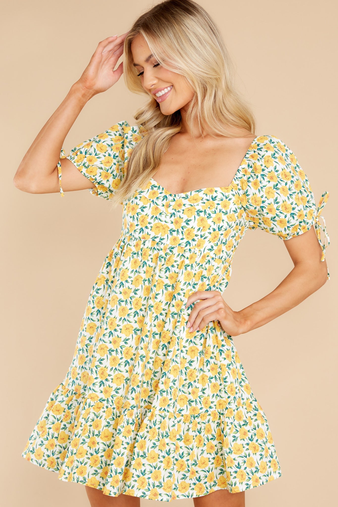 Flower Side Walks Yellow Floral Print Dress