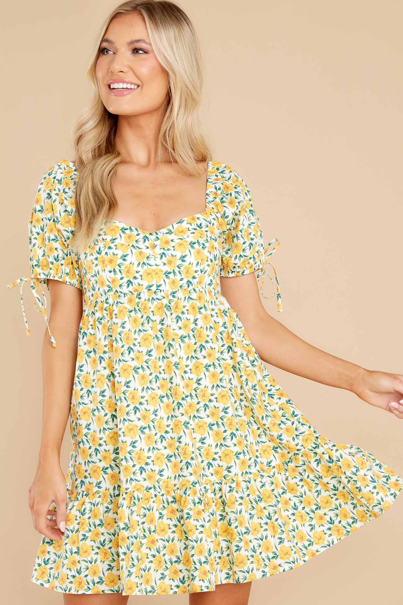 Flower Side Walks Yellow Floral Print Dress