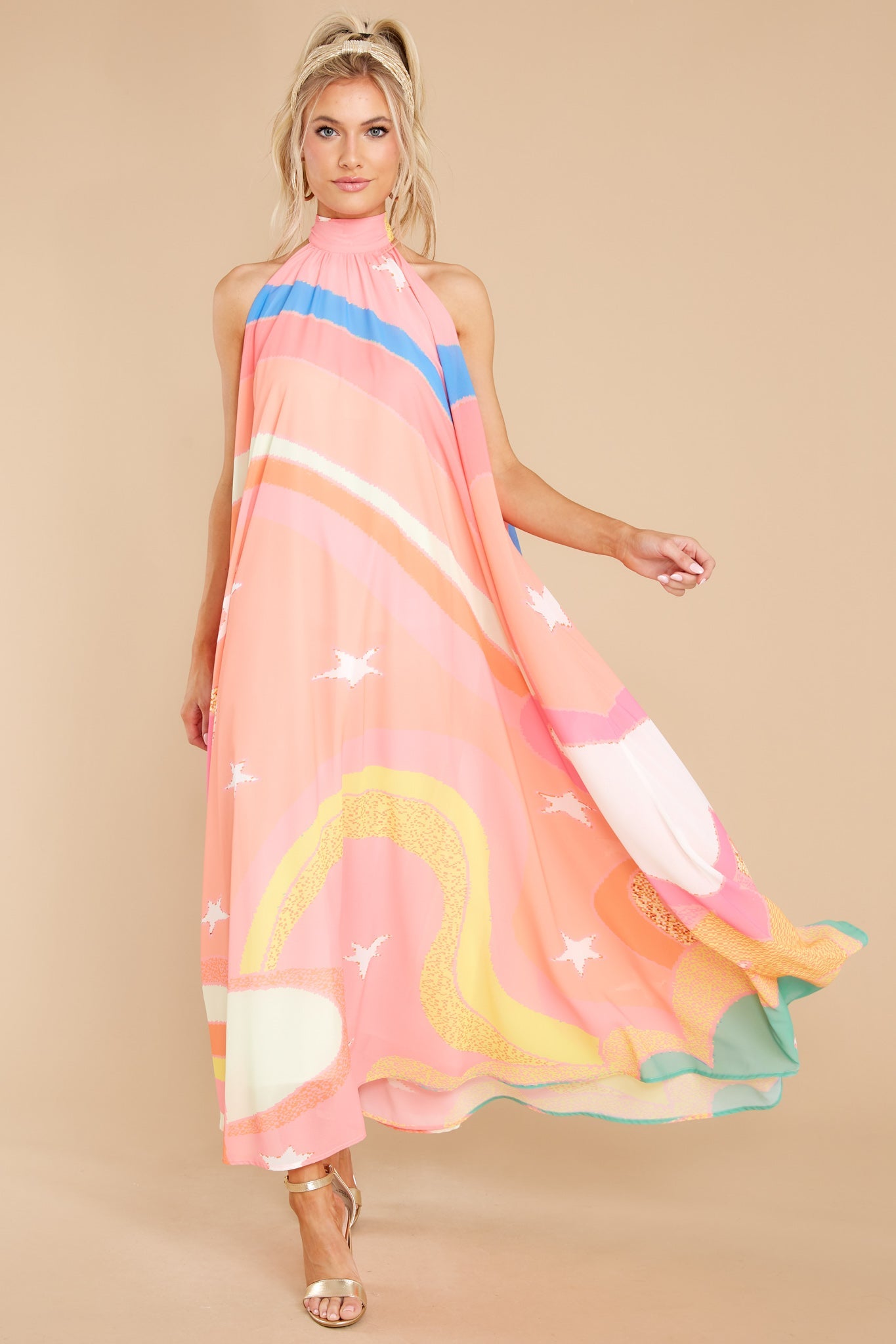 Soar Above It Peach Pink Multi Maxi Dress