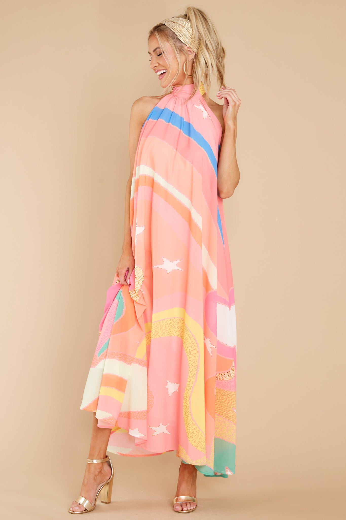 Soar Above It Peach Pink Multi Maxi Dress