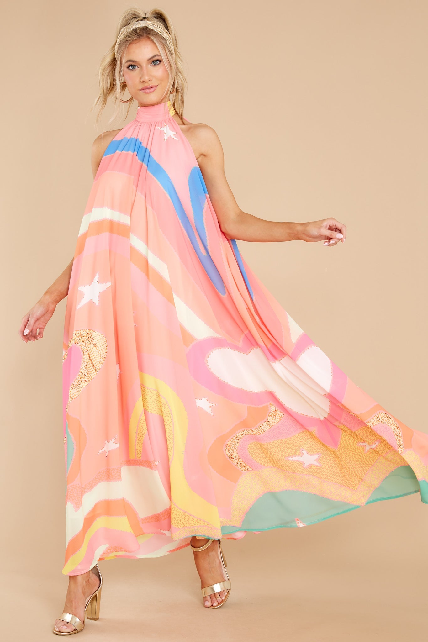 Soar Above It Peach Pink Multi Maxi Dress