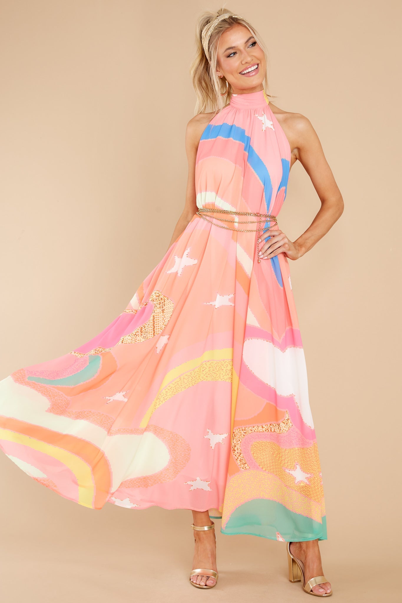 Soar Above It Peach Pink Multi Maxi Dress