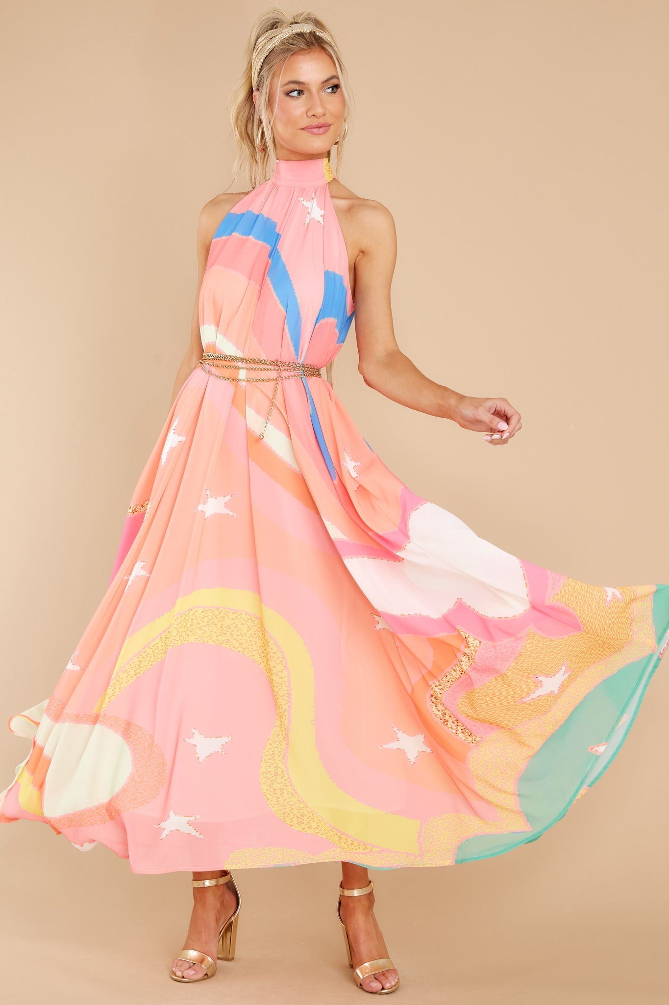 Soar Above It Peach Pink Multi Maxi Dress