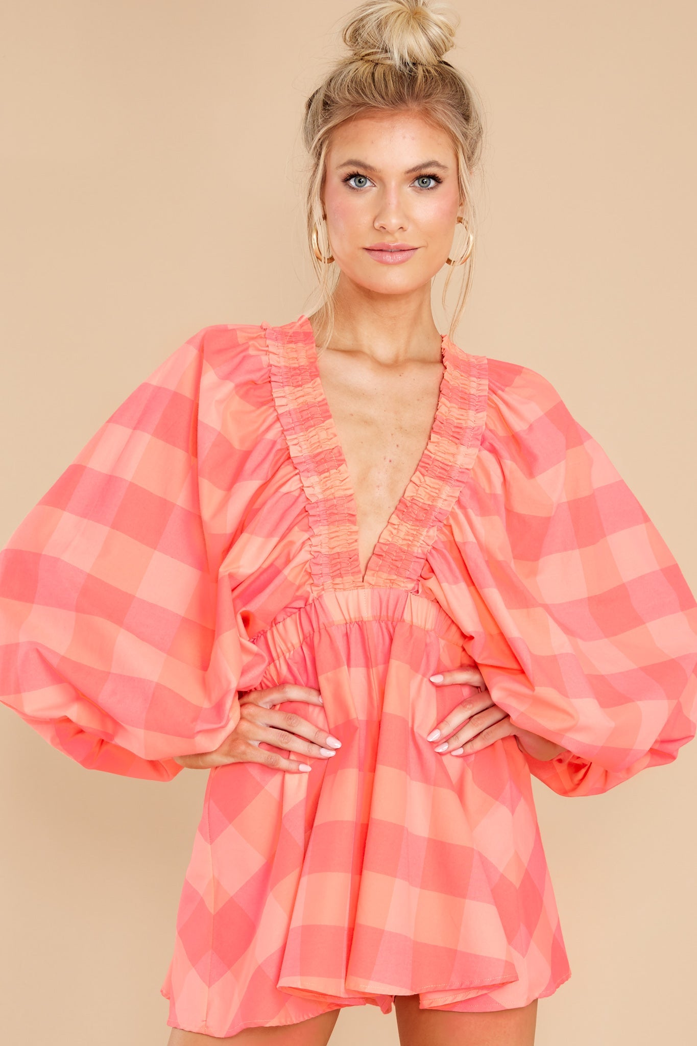 Alicia Neon Coral Gingham Big Romper