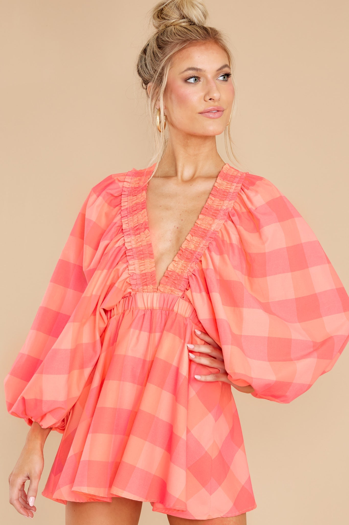 Alicia Neon Coral Gingham Big Romper