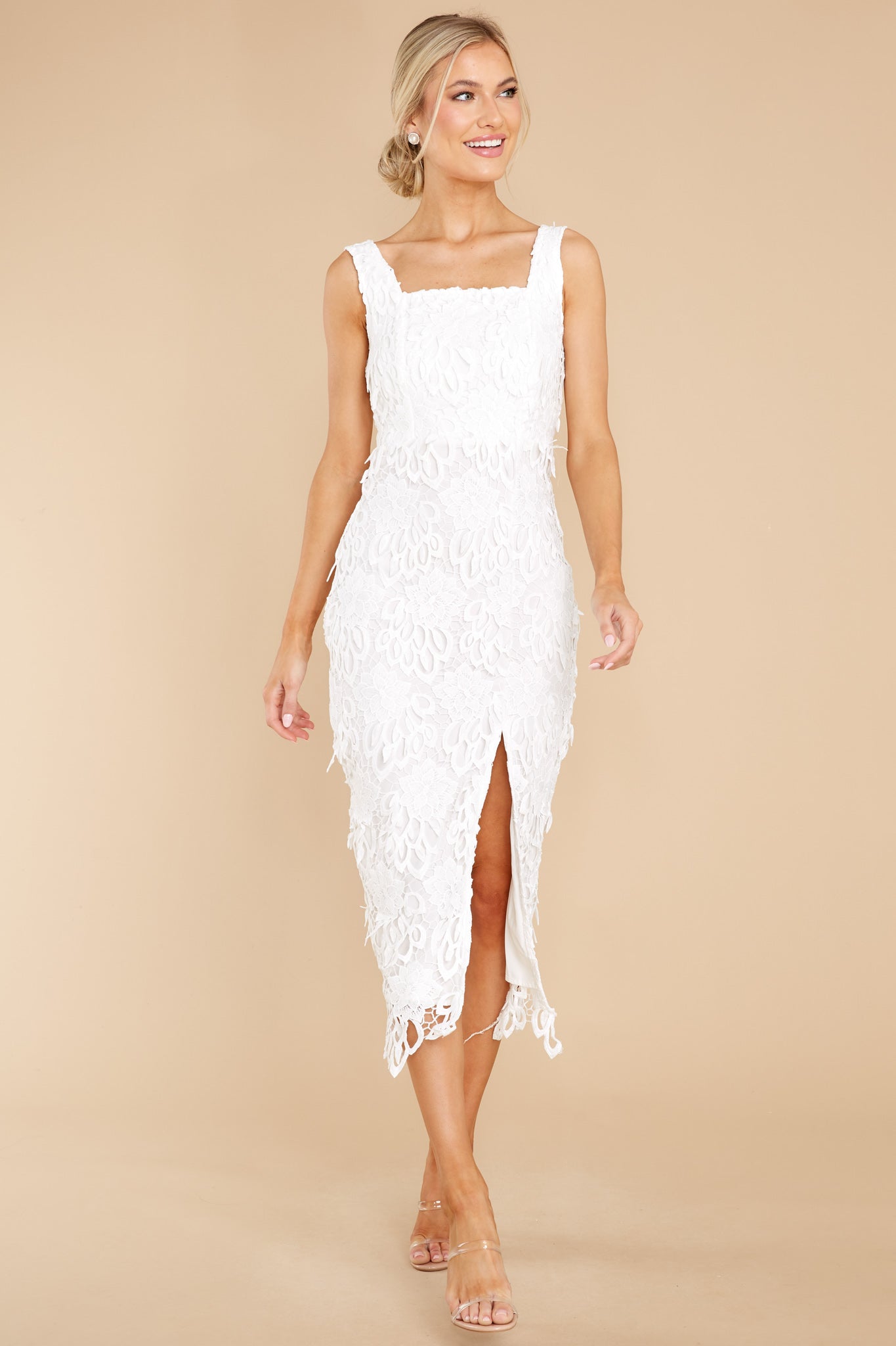 Own The Room White Lace Midi Dress