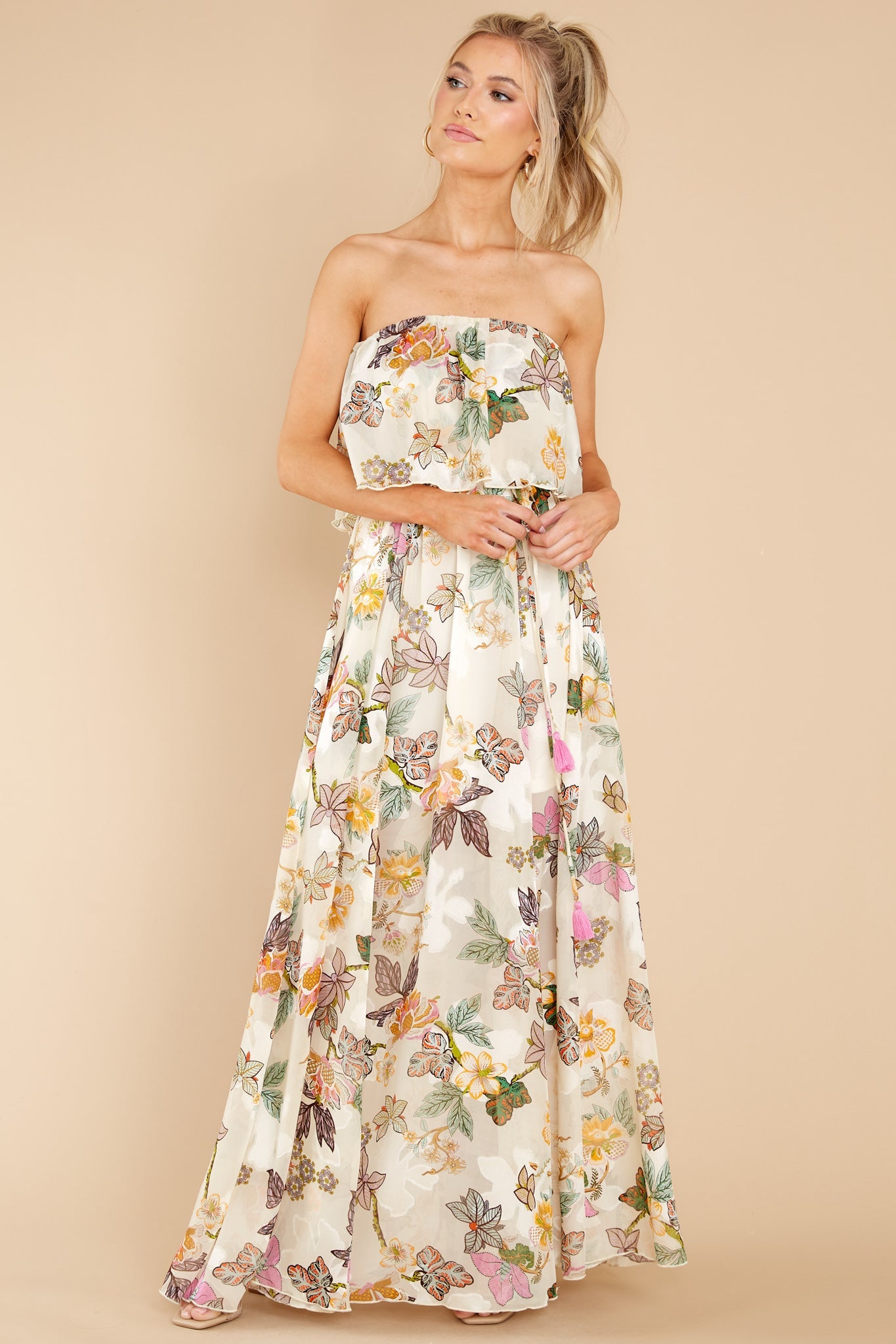 Cheerful Sights Ivory Floral Print Maxi Dress