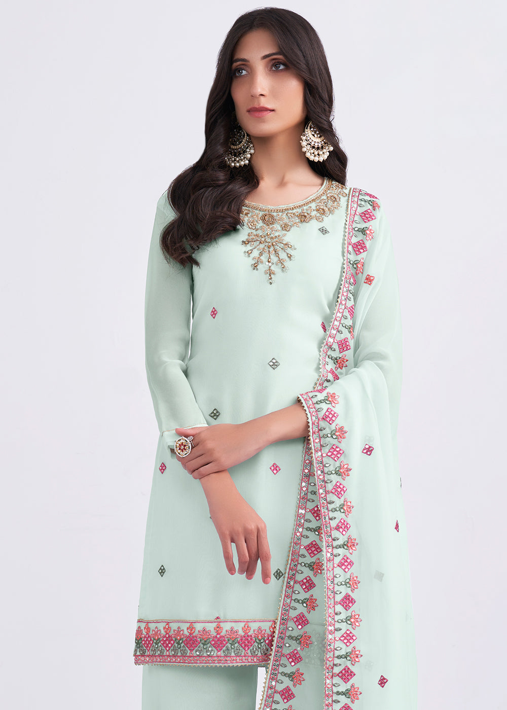 Arctic Blue Designer Georgette Embroidered Suit