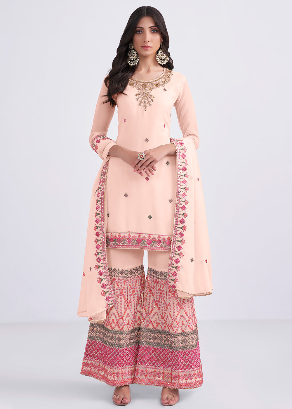 Peach Pink Designer Georgette Embroidered Suit