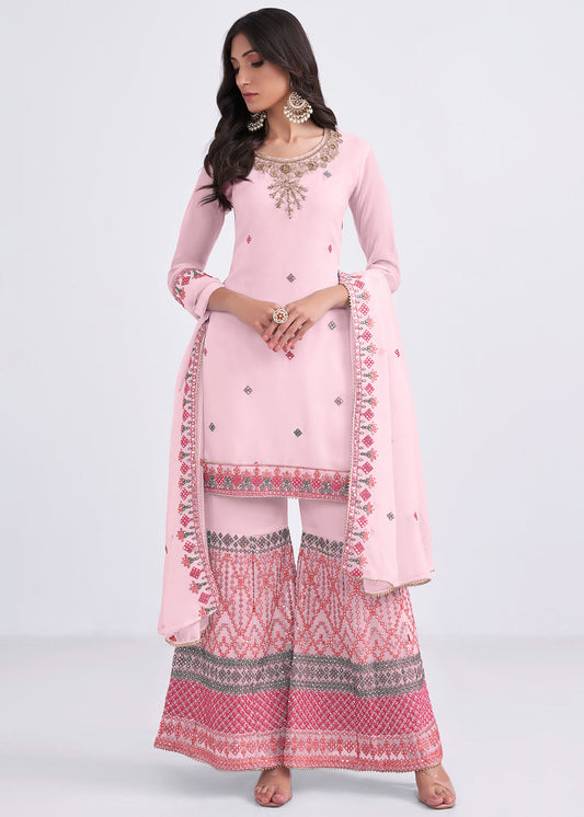 Baby Pink Designer Georgette Embroidered Suit