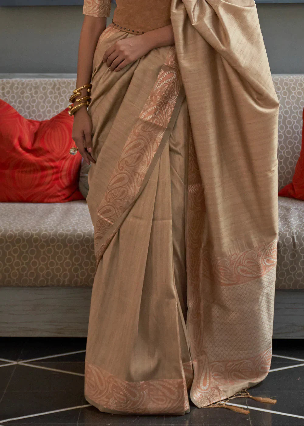 Tortilla Brown Copper Zari Handloom Weaving Tussar Silk Saree