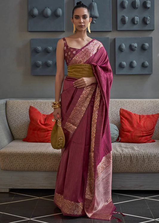 Radiant Orchid Purple Copper Zari Handloom Weaving Tussar Silk Saree