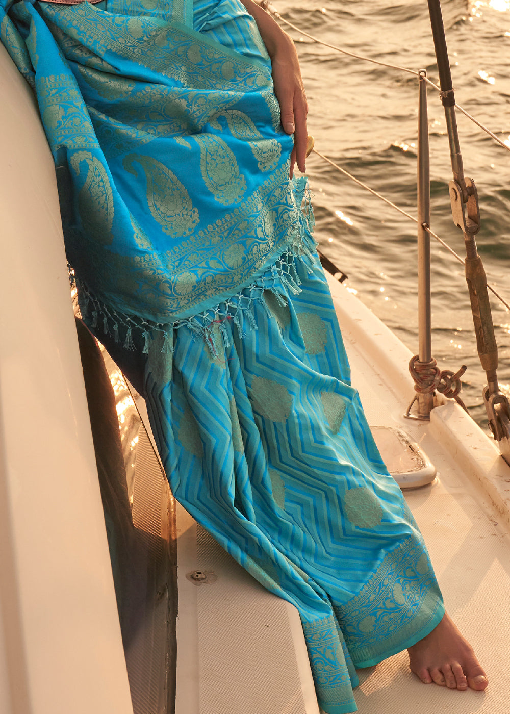 Cerulean Blue Two Tone Designer Satin Silk Saree