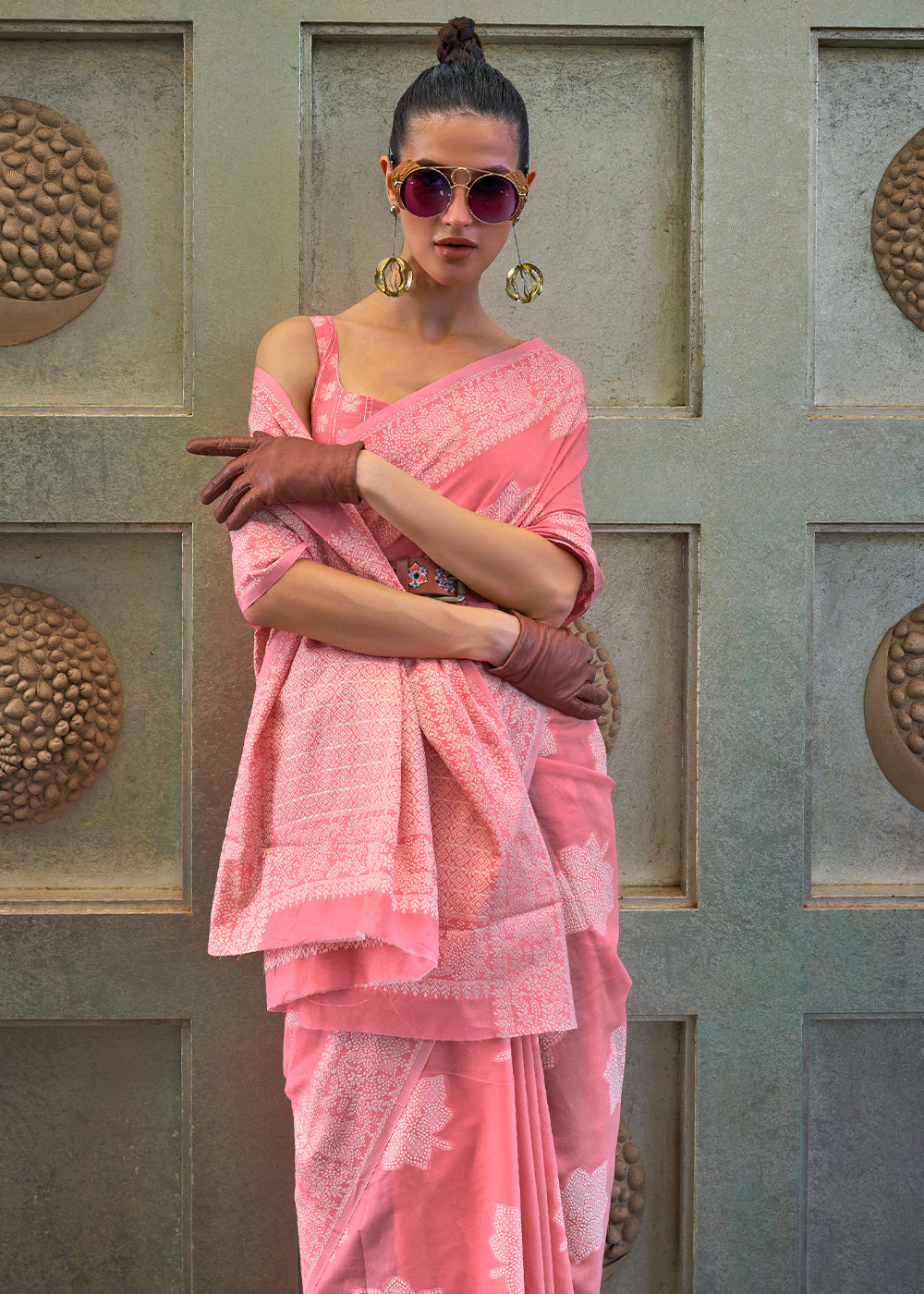 French Pink Chikankari Weaving Silk Saree with Sequins work