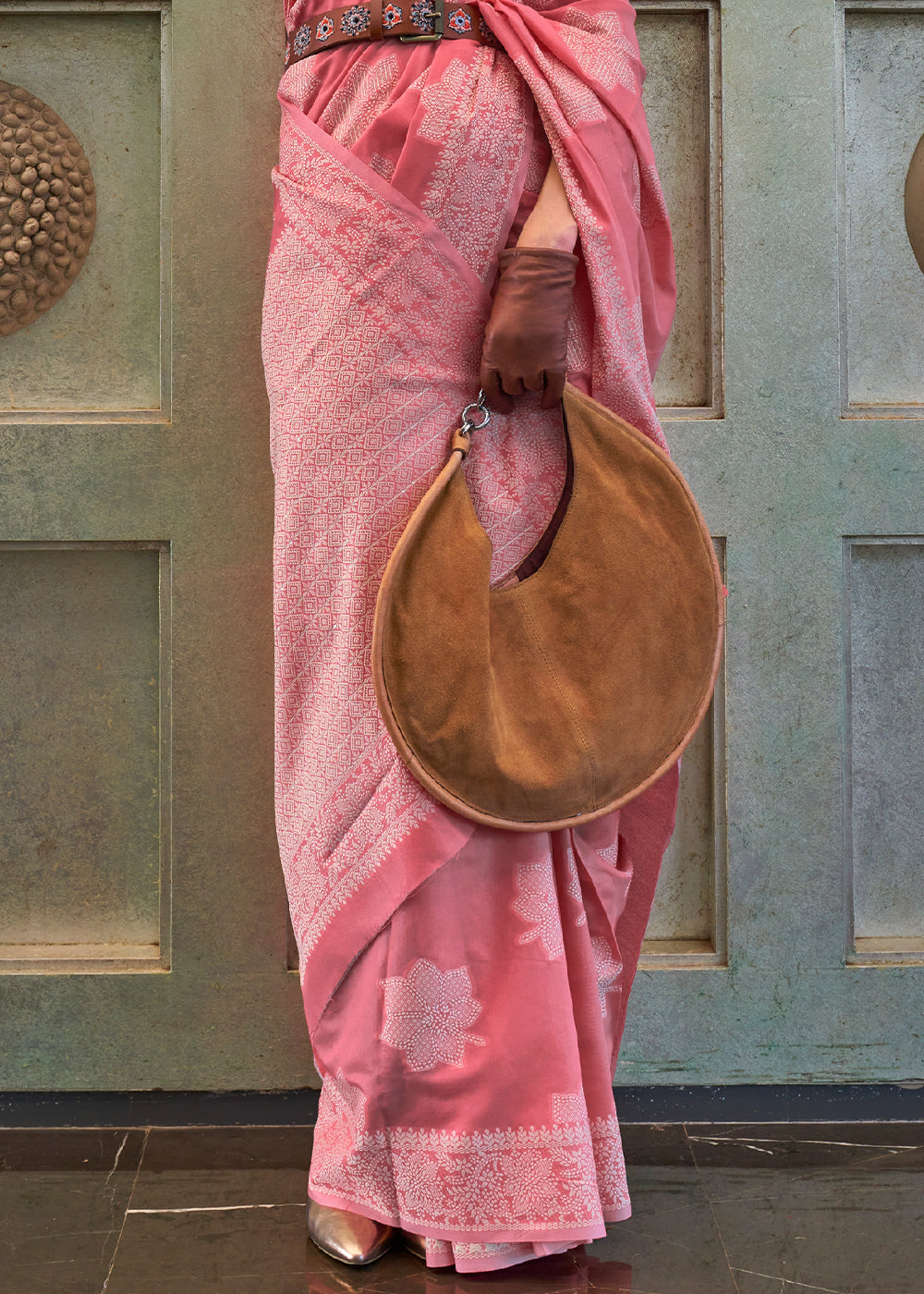 French Pink Chikankari Weaving Silk Saree with Sequins work