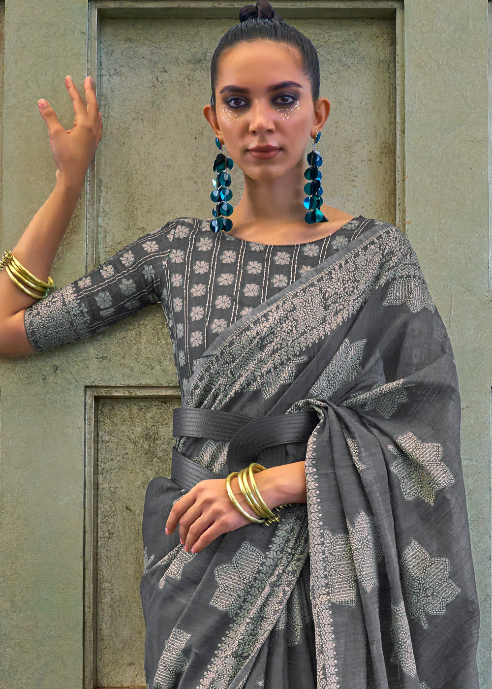 Iron Grey Chikankari Weaving Silk Saree with Sequins work