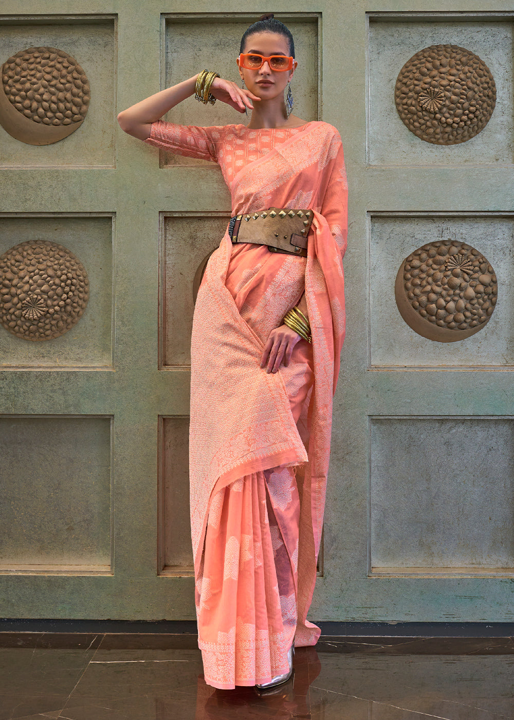 Salmon Orange Chikankari Weaving Silk Saree with Sequins work