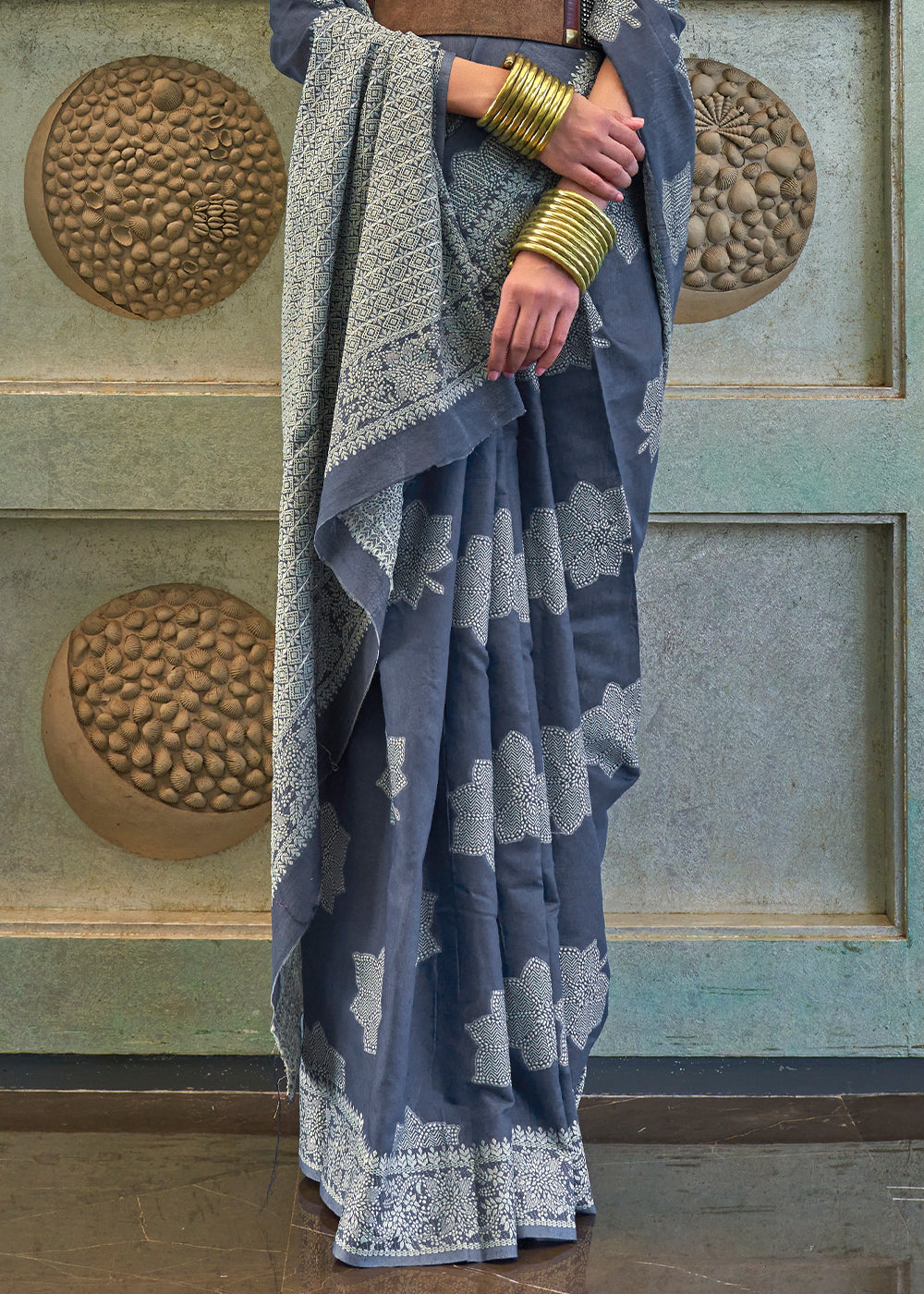 Porpoise Grey Chikankari Weaving Silk Saree with Sequins work