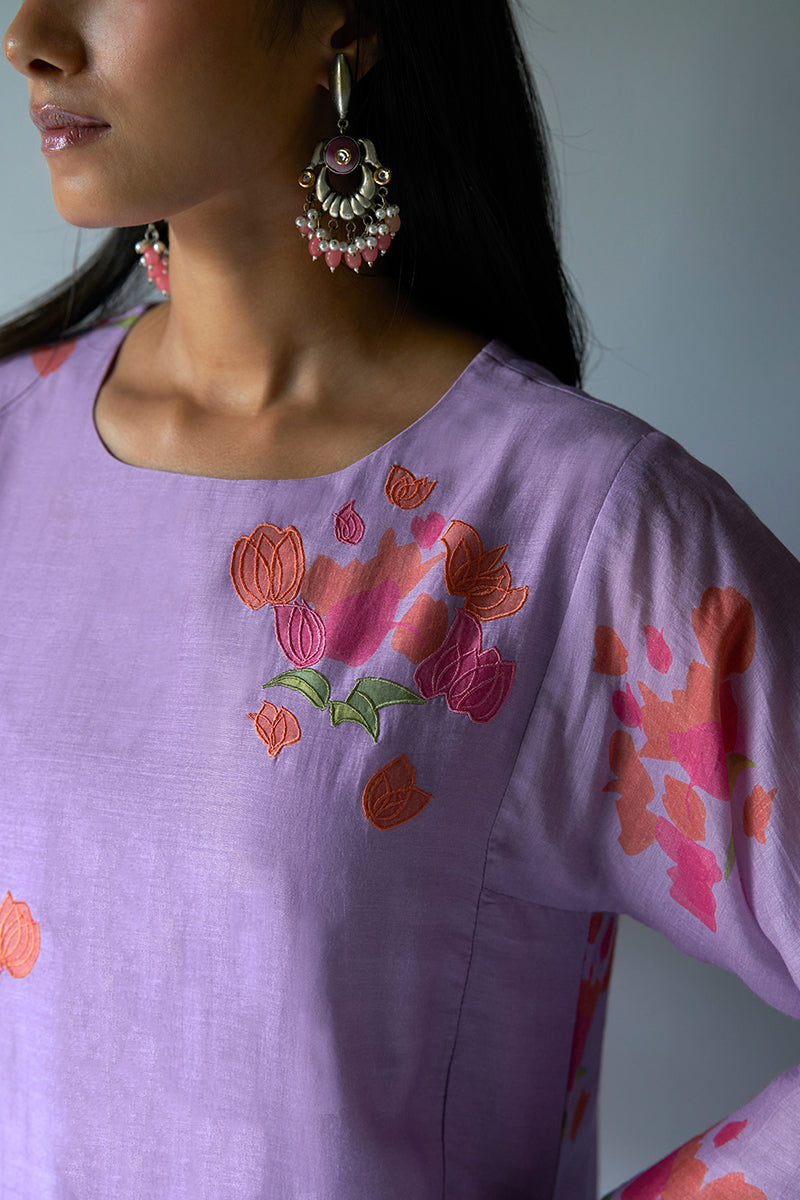 Lavender and Pink Bemberg Silk Printed Salwar Suit With Embroidery Detailing