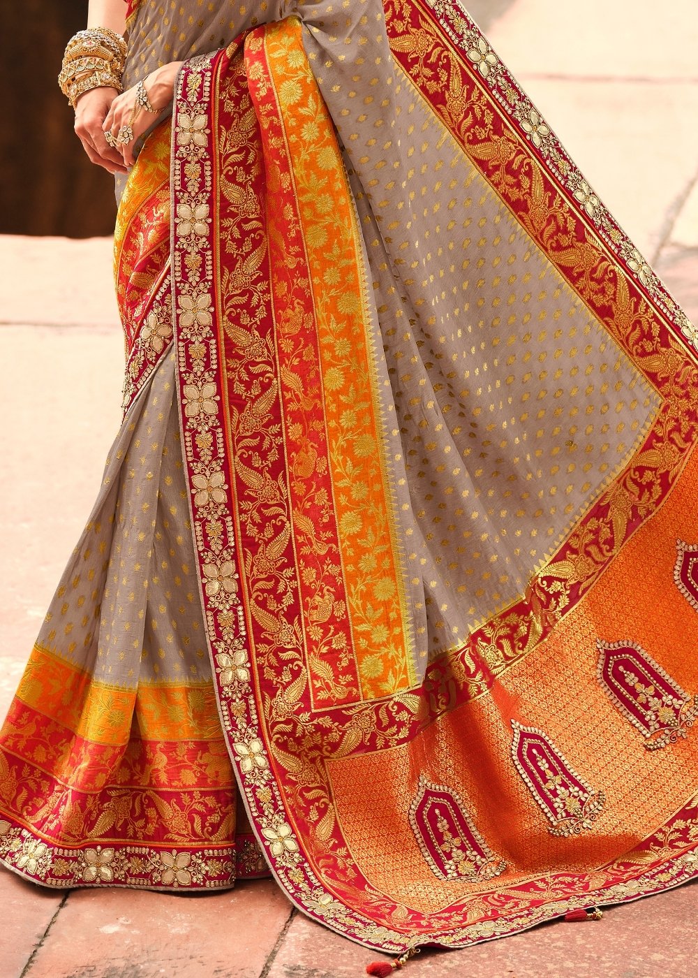 Grey & Orange Woven Dola Silk Saree Having Khatli work on Border & Blouse