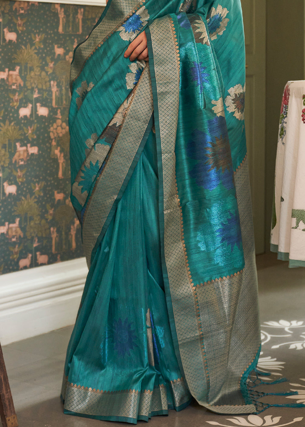 Cadet Blue Multi Coloured Zari Handloom Weaving Silk Saree : Top Pick