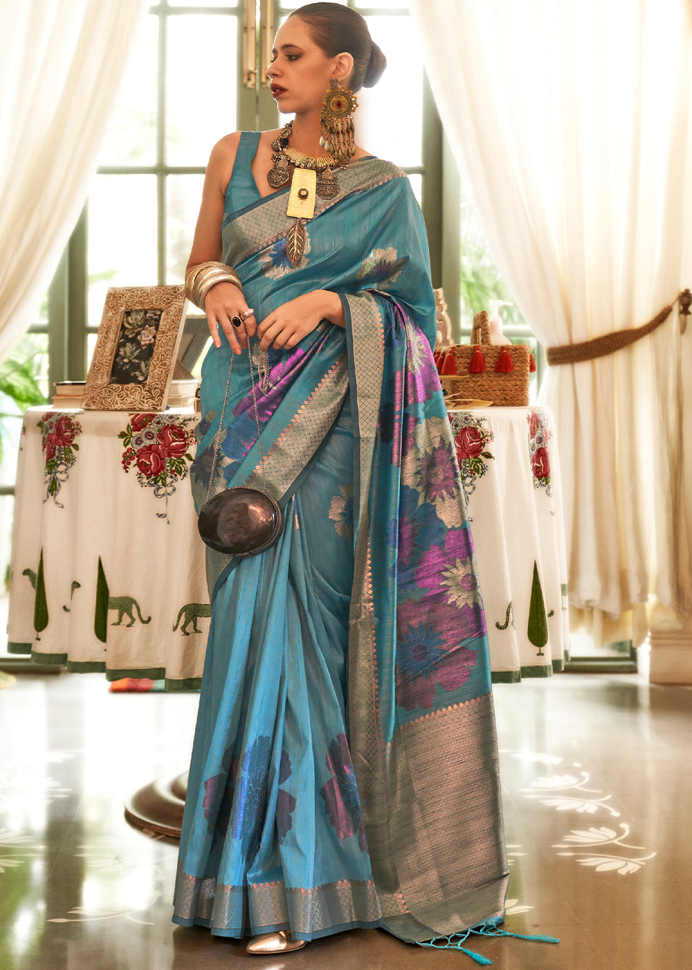 Jay Blue Multi Coloured Zari Handloom Weaving Silk Saree : Top Pick