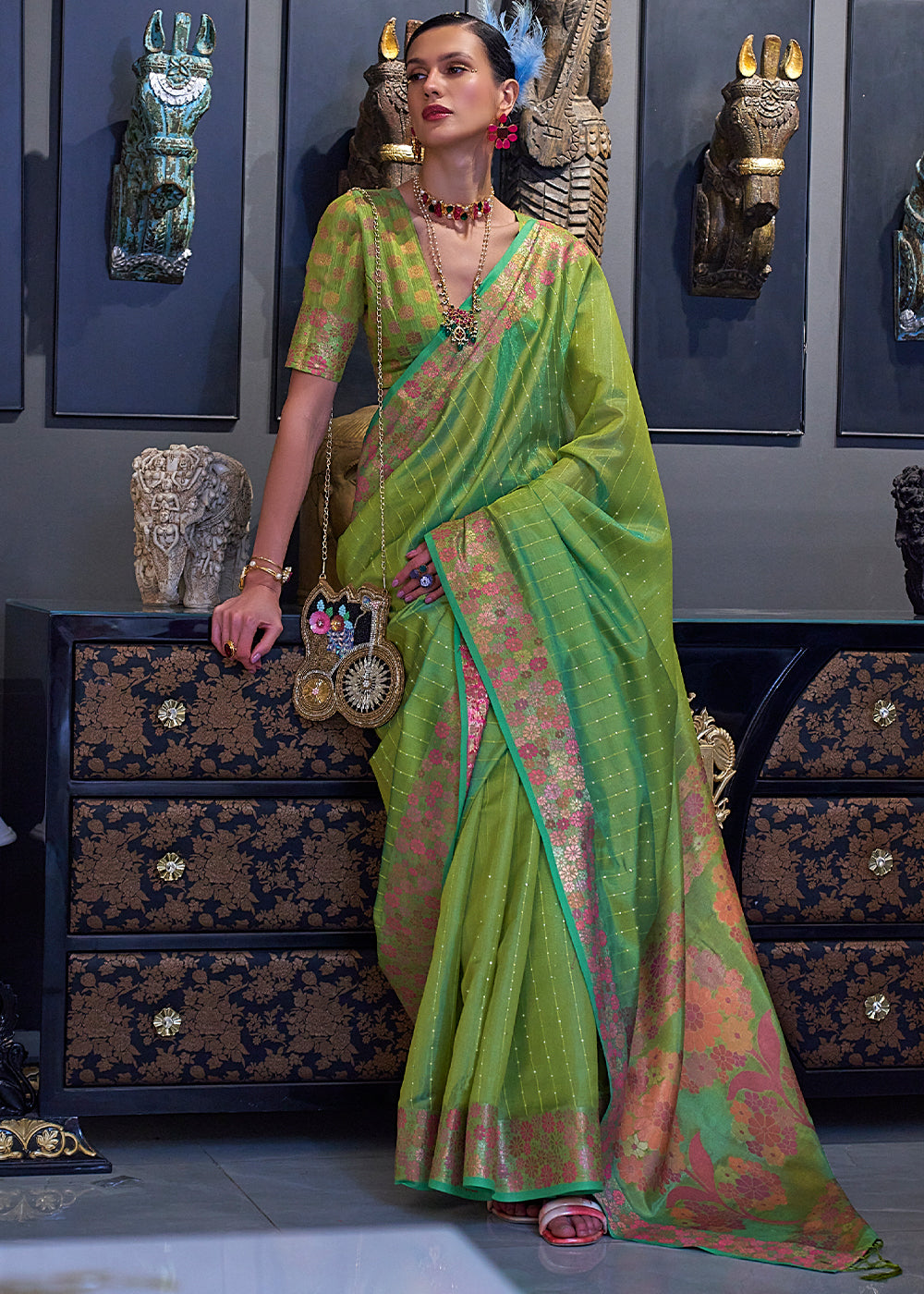 Sheen Green Handloom Woven Dual Tone Organza Silk Saree with Sequins Work