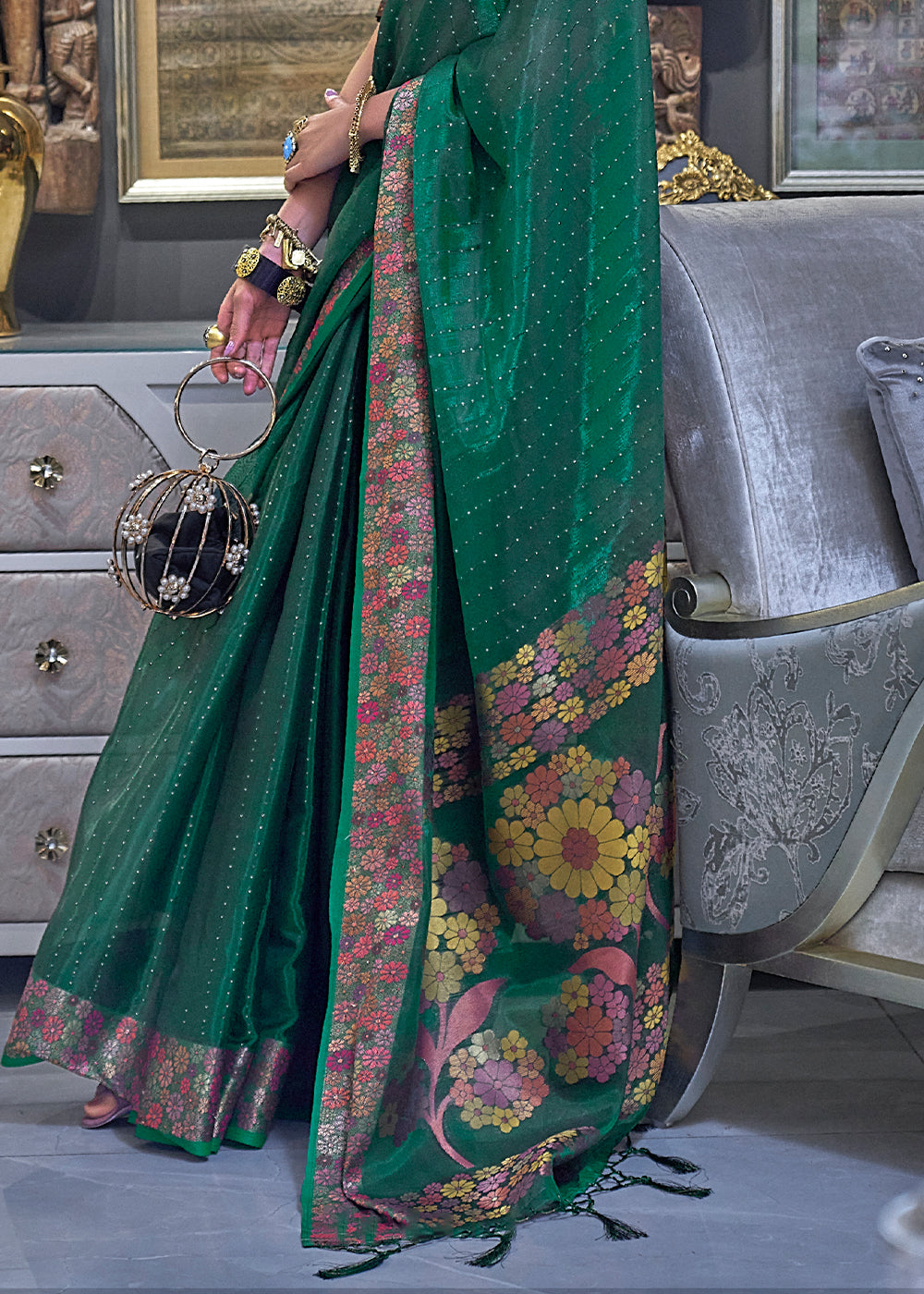 Dark Green Handloom Woven Dual Tone Organza Silk Saree with Sequins Work