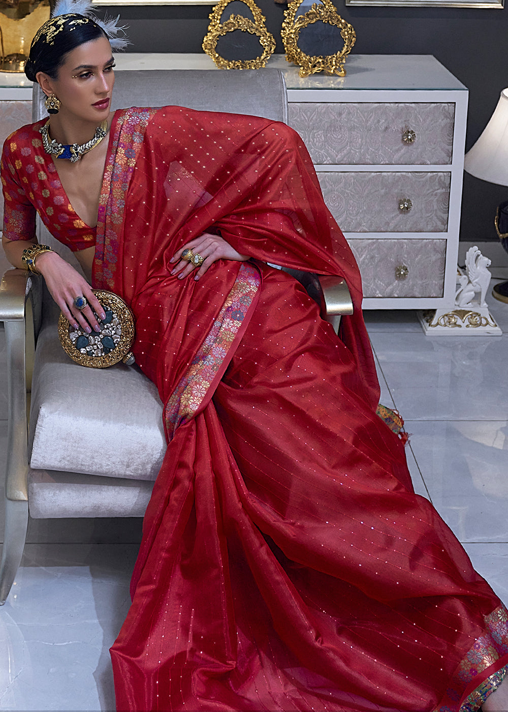 Crimson Red Handloom Woven Dual Tone Organza Silk Saree with Sequins Work