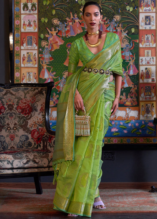 Kelly Green Handloom Woven Dual Tone Organza Silk Saree with Sequins Work