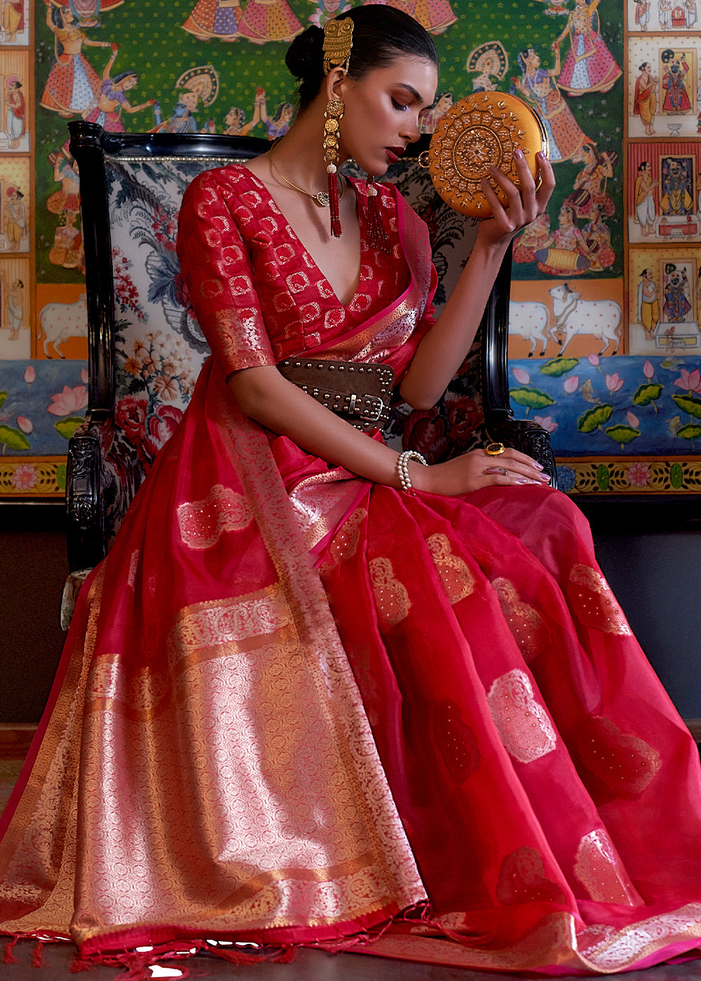 Ruby Red Handloom Woven Dual Tone Organza Silk Saree with Sequins Work