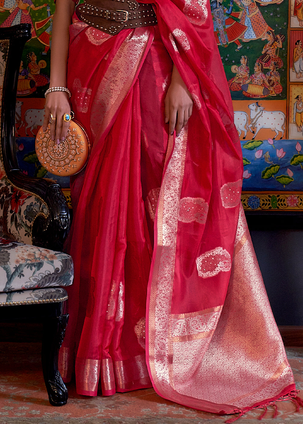 Ruby Red Handloom Woven Dual Tone Organza Silk Saree with Sequins Work