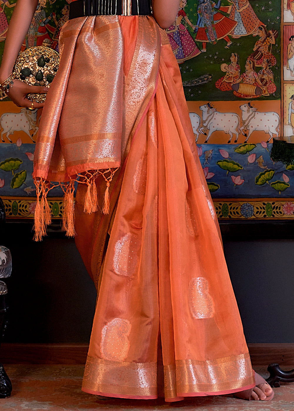 Coral Orange Handloom Woven Dual Tone Organza Silk Saree with Sequins Work