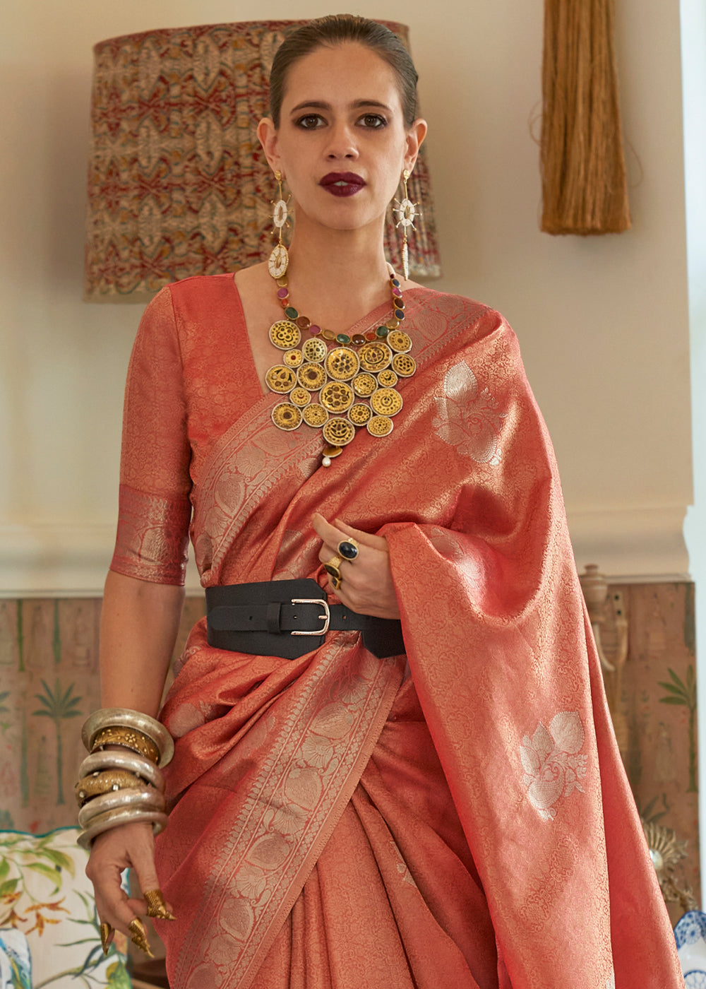 Shades Of Red Woven Satin Tissue Silk Saree