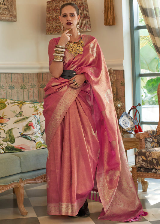 Shades Of Pink Woven Satin Tissue Silk Saree