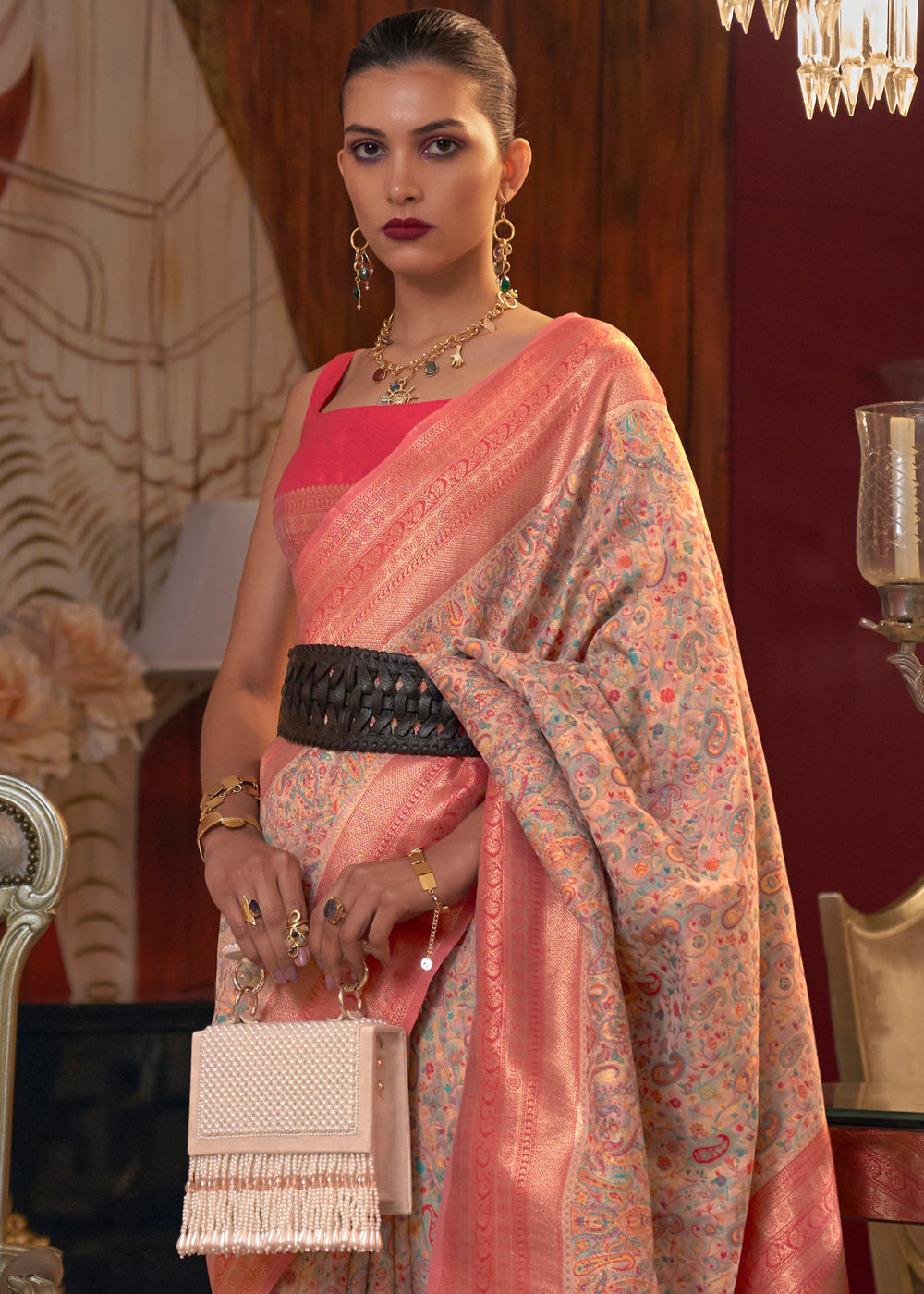 Peach Pink Kashmiri Jamawar Woven Silk Saree