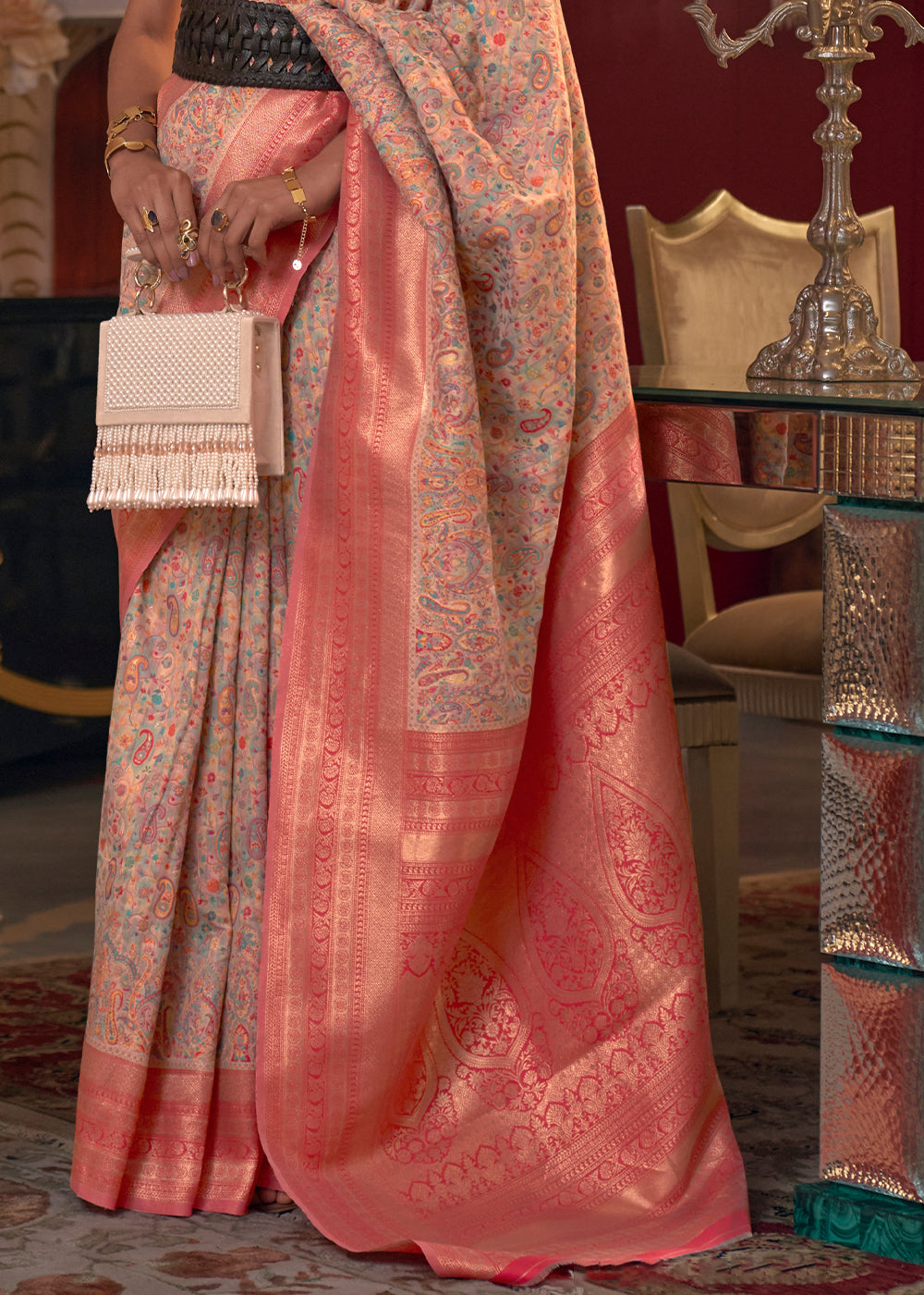 Peach Pink Kashmiri Jamawar Woven Silk Saree