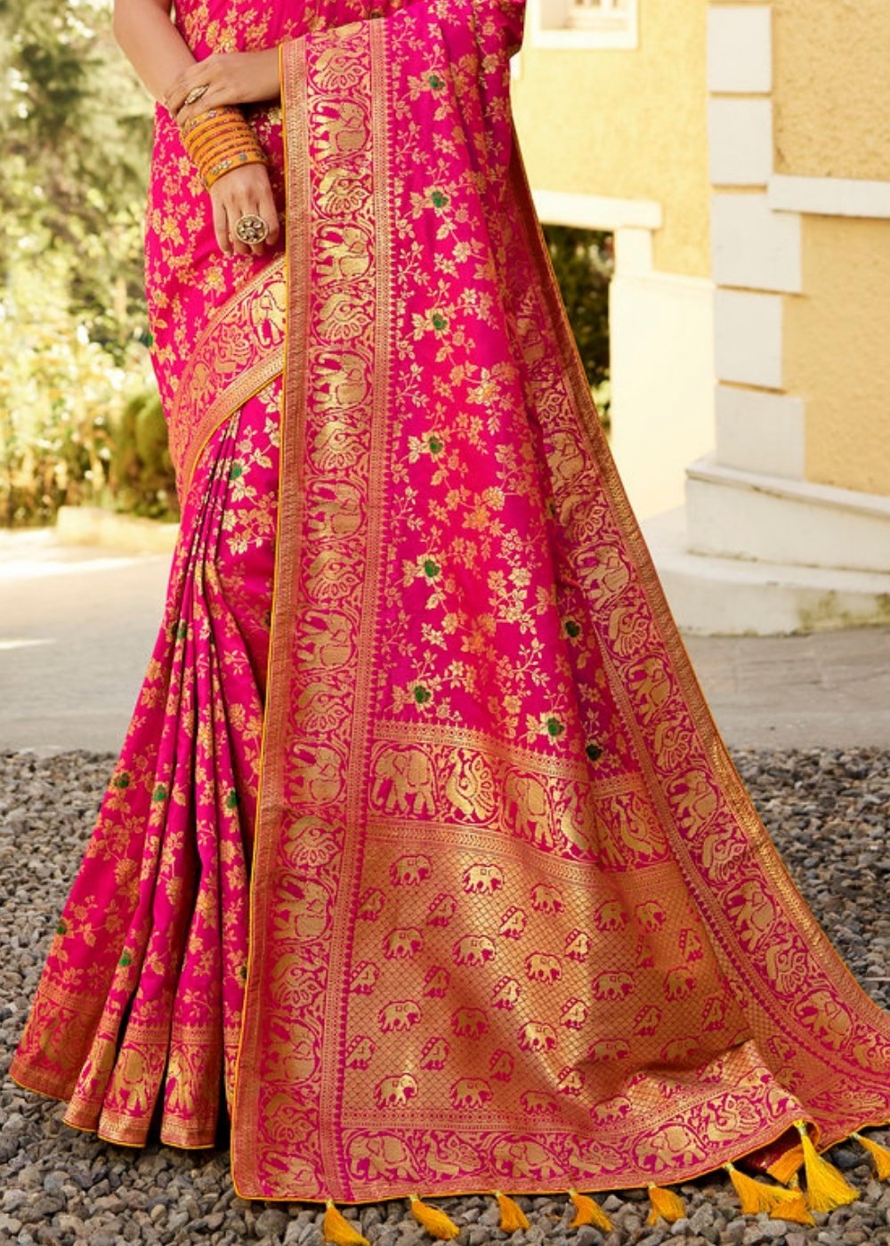 Cerise Pink Woven Banarasi Silk Saree with Embroidered Blouse