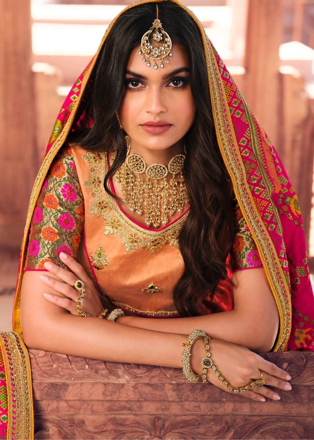 Salmon Pink & Magenta Banarasi Silk Lehenga Choli with Heavy Embroidery work