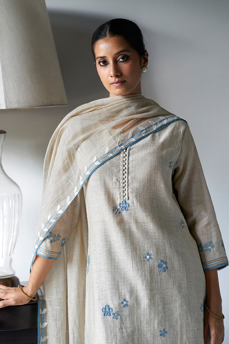 Beige Woven Kurta Suit Set With Delicate Hand Work Detailing